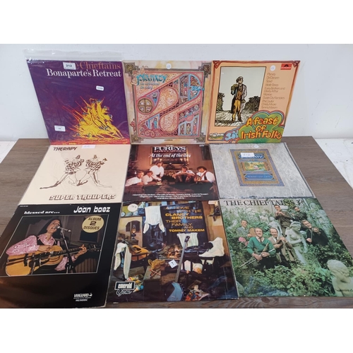 750 - Eleven folk LP vinyl records to include The Wolfe Tones, Planxty, Joan Baez, Therapy (signed), The C... 