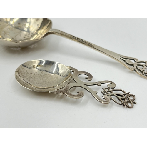 2259 - Two hallmarked sterling silver spoons, one Walker & Hall Sheffield silver sugar sifter dated 1935 an... 