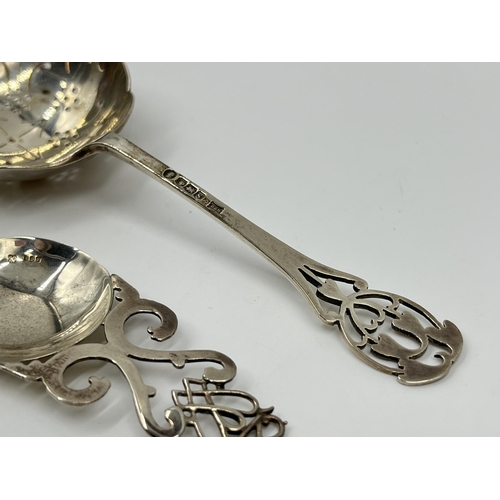 2259 - Two hallmarked sterling silver spoons, one Walker & Hall Sheffield silver sugar sifter dated 1935 an... 