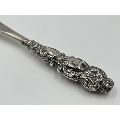 2270 - A Victorian steel and hallmarked Birmingham silver handled shoe horn, dated 1898 - approx. 27.5cm lo... 