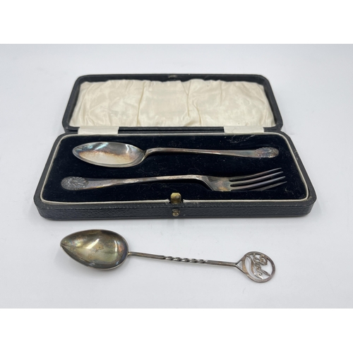 2278 - Three pieces of hallmarked sterling silver, Sheffield silver two piece spoon and fork set and Birmin... 