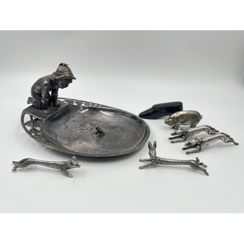 2280 - Six silver plated items to include WMF greyhound knife rests, WMF boy and frog dish etc. together wi... 