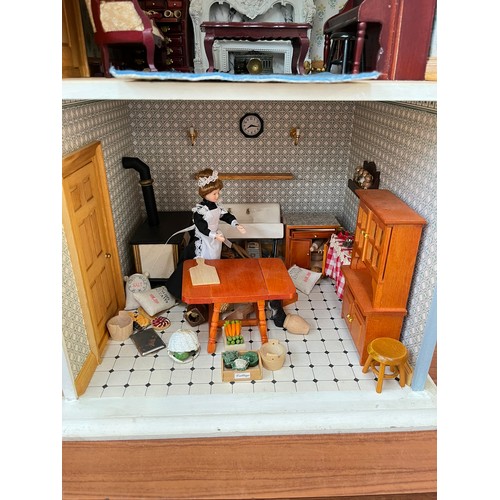 411D - A Georgian style blue painted three storey doll's house with furniture and accessories - approx. 84c... 