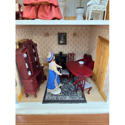 411D - A Georgian style blue painted three storey doll's house with furniture and accessories - approx. 84c... 