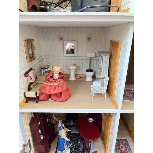 411D - A Georgian style blue painted three storey doll's house with furniture and accessories - approx. 84c... 