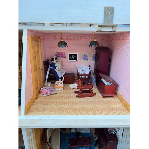 411D - A Georgian style blue painted three storey doll's house with furniture and accessories - approx. 84c... 