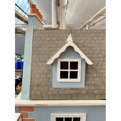 411D - A Georgian style blue painted three storey doll's house with furniture and accessories - approx. 84c... 