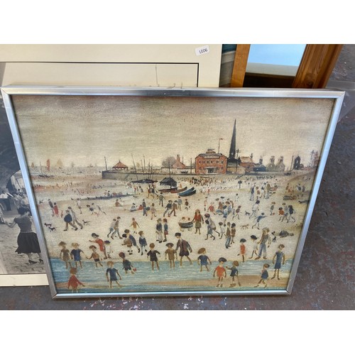 872 - Eleven items, one mirror approx 114cm x 89cm and ten pictures to include two L.S. Lowry prints, penc... 