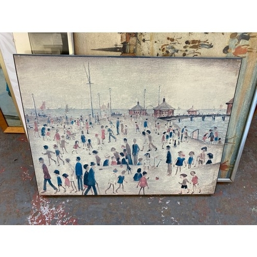 872 - Eleven items, one mirror approx 114cm x 89cm and ten pictures to include two L.S. Lowry prints, penc... 