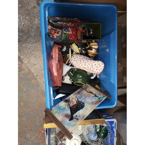 896 - Three boxes containing glassware to include Caithness vase and paper weight, framed mirror, framed w... 