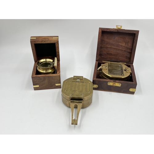 1259 - Three navigational instruments, one wood and brass cased Nauticalia Captain Cook brass focus magnifi... 