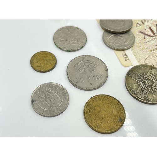 1265 - A collection of worldwide coins and banknotes to include 1920 George V one florin, 10000 Drachmas et... 