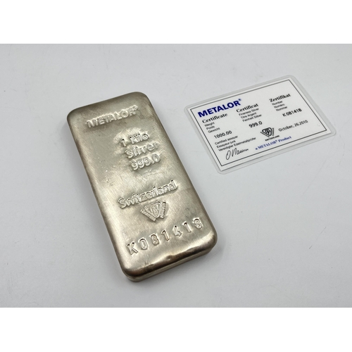 1254 - A Metalor 1 Kilo .999 silver bullion bar with certificate