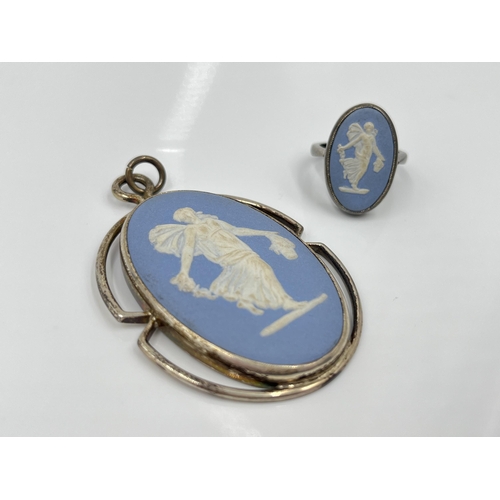 1120 - Two pieces of Wedgwood pale blue Jasperware and sterling silver jewellery, one pendant and one ring ... 