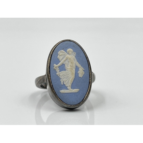 1120 - Two pieces of Wedgwood pale blue Jasperware and sterling silver jewellery, one pendant and one ring ... 