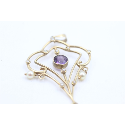 1059 - A 9ct gold amethyst and pearl lavalier pendant - approx. gross weight 2.3 grams