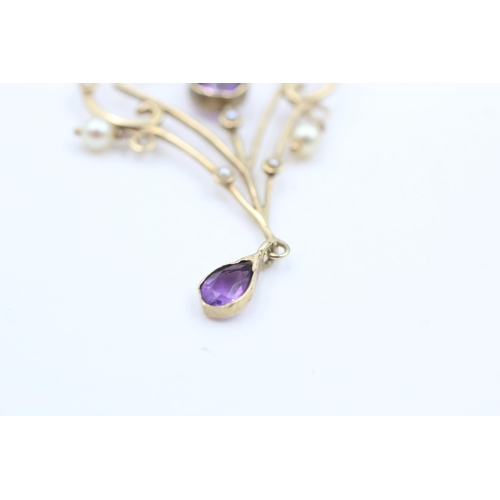 1059 - A 9ct gold amethyst and pearl lavalier pendant - approx. gross weight 2.3 grams