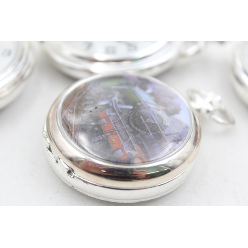 1164 - Four transport themed hand-wind pocket watches