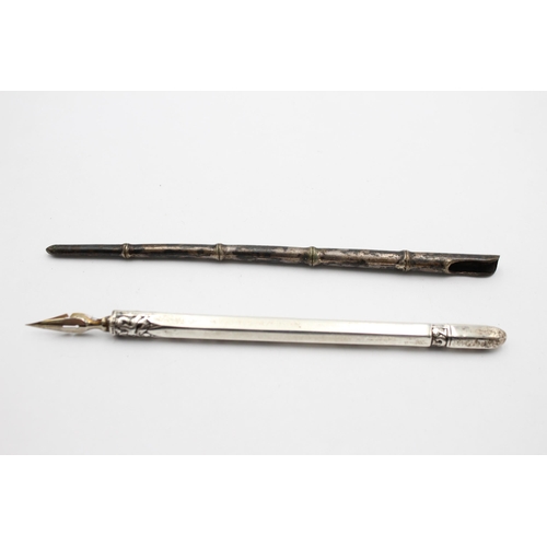 1227 - Two silver calligraphy dip pens, one .850 and one .930 - approx. gross weight 23 grams