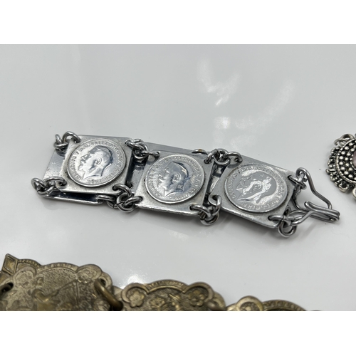 1097 - Six bracelets to include George VI .800 silver three pence and six pence coin bracelet - approx. gro... 