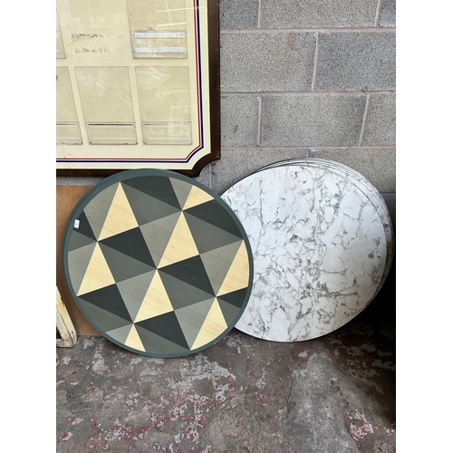 10 - Ten circular table tops, eight marble effect laminate - approx. 90cm diameter and two green painted ... 