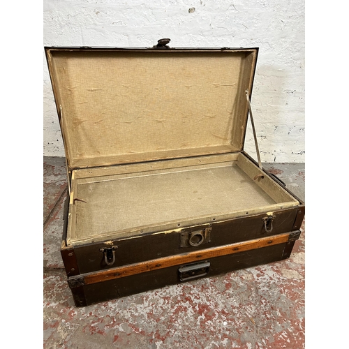 105 - An early 20th century oak banded brown canvas travel trunk with Eagle Lock Co. U.S.A. lock - approx.... 