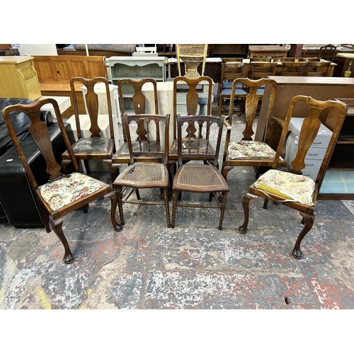 131 - Eight dining chairs, six Queen Anne style beech and two Edwardian mahogany and rattan