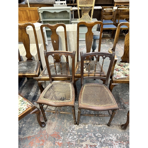 131 - Eight dining chairs, six Queen Anne style beech and two Edwardian mahogany and rattan