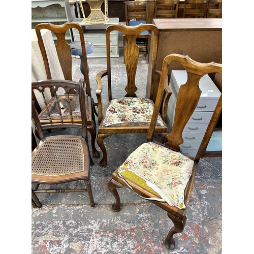 131 - Eight dining chairs, six Queen Anne style beech and two Edwardian mahogany and rattan