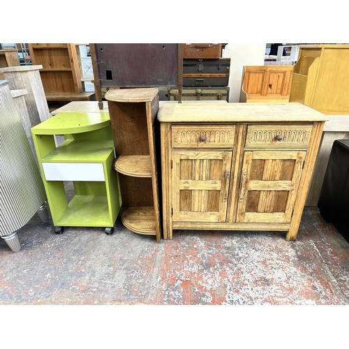 135 - Three pieces of furniture, oak sideboard, oak three tier wall hanging shelf and modern green and whi... 