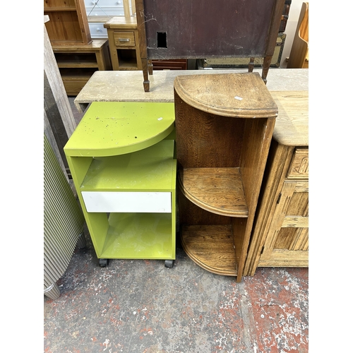 135 - Three pieces of furniture, oak sideboard, oak three tier wall hanging shelf and modern green and whi... 