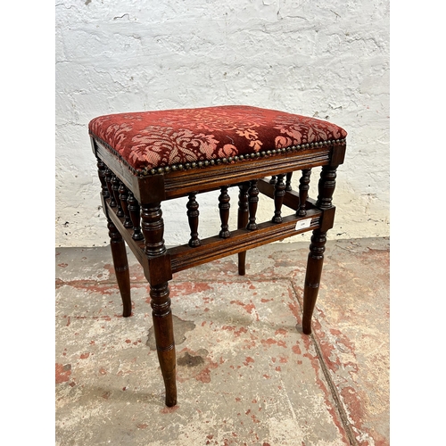 139 - An Edwardian mahogany and red floral upholstered piano stool - approx. 52cm high x 40cm wide x 33cm ... 