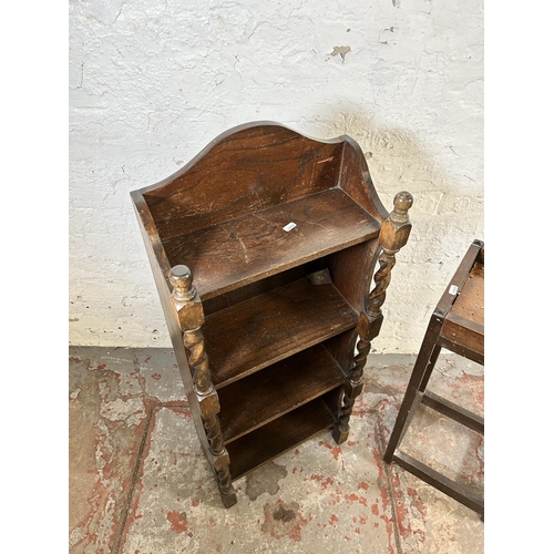 143 - Two pieces of furniture, oak barley twist four tier freestanding bookcase - approx. 99cm high x 40cm... 