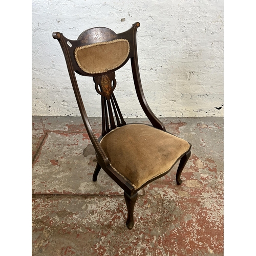 148 - A Victorian inlaid rosewood and brown upholstered nursing chair - approx. 83cm high x 43cm wide x 43... 