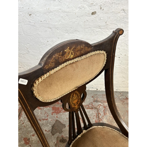 148 - A Victorian inlaid rosewood and brown upholstered nursing chair - approx. 83cm high x 43cm wide x 43... 