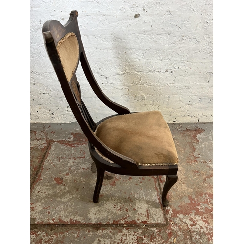 148 - A Victorian inlaid rosewood and brown upholstered nursing chair - approx. 83cm high x 43cm wide x 43... 