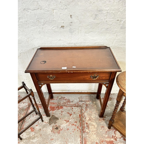 28 - Three pieces of furniture, George III style mahogany side table, early 20th century oak barley twist... 