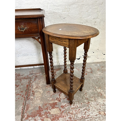 28 - Three pieces of furniture, George III style mahogany side table, early 20th century oak barley twist... 