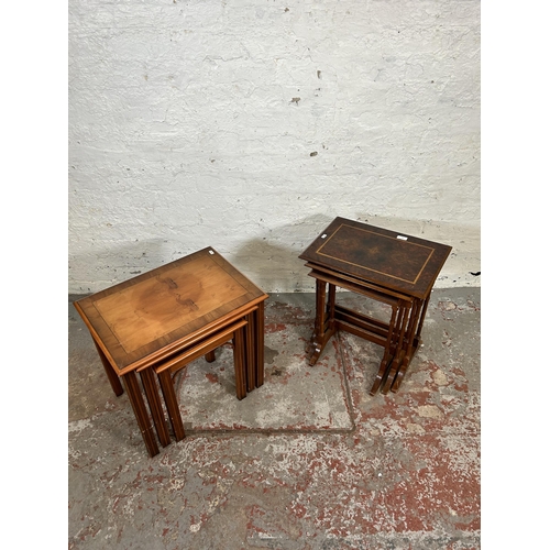 39 - Two nests of three tables, one burr walnut effect and one yew wood effect