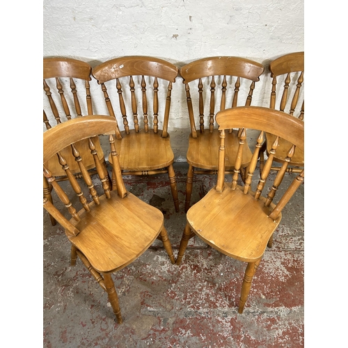 51 - A set of six Victorian style beech spindle back farmhouse dining chairs