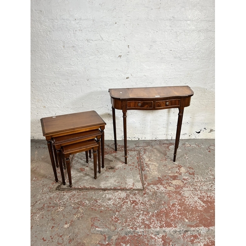 74 - Two pieces of Regency style mahogany furniture, nest of three tables and console table with two draw... 