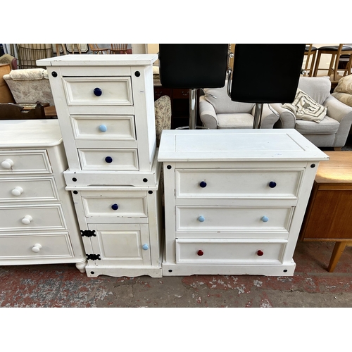 78 - Three pieces of Mexican painted pine furniture, chest of three drawers, bedside chest of three drawe... 