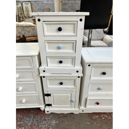 78 - Three pieces of Mexican painted pine furniture, chest of three drawers, bedside chest of three drawe... 