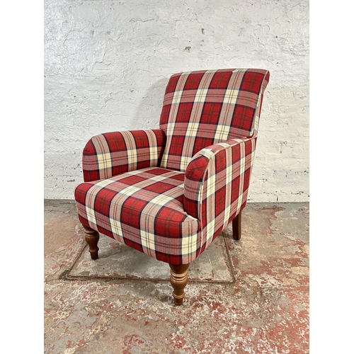 84 - A Victorian style tartan upholstered armchair with beech turned supports - approx. 87cm high x 63cm ... 