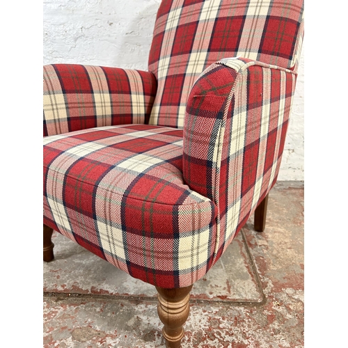 84 - A Victorian style tartan upholstered armchair with beech turned supports - approx. 87cm high x 63cm ... 