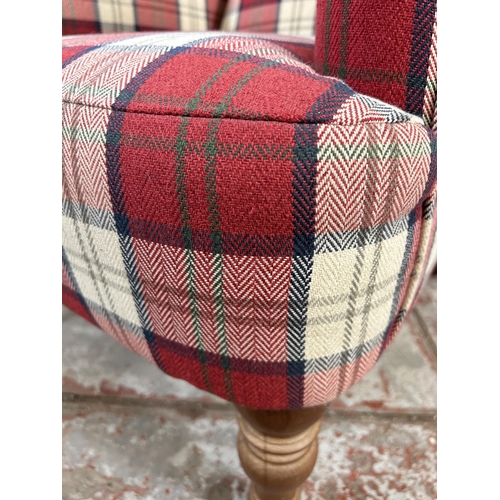 84 - A Victorian style tartan upholstered armchair with beech turned supports - approx. 87cm high x 63cm ... 