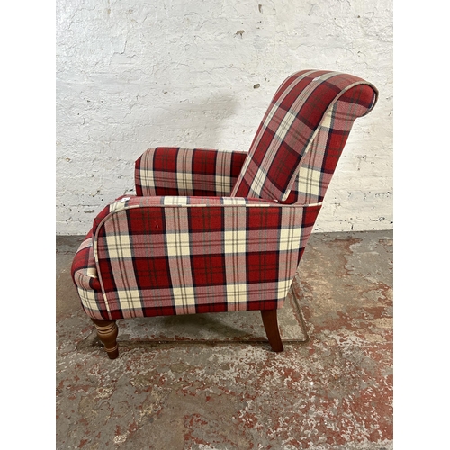 84 - A Victorian style tartan upholstered armchair with beech turned supports - approx. 87cm high x 63cm ... 