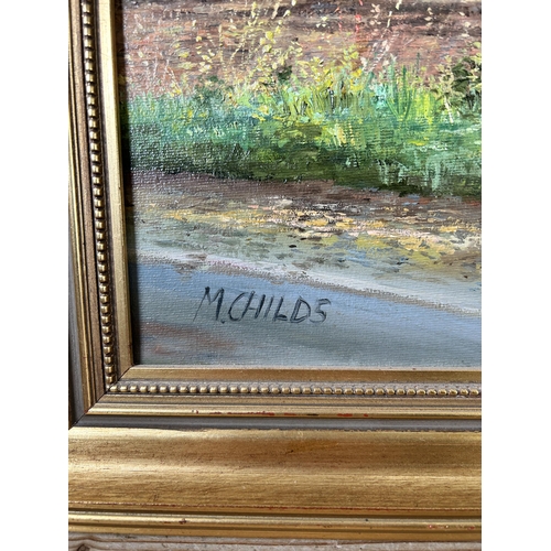 164 - A 20th century gilt framed Monica Childs oil on canvas of a landscape scene signed lower left - appr... 