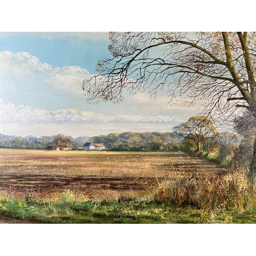 164 - A 20th century gilt framed Monica Childs oil on canvas of a landscape scene signed lower left - appr... 