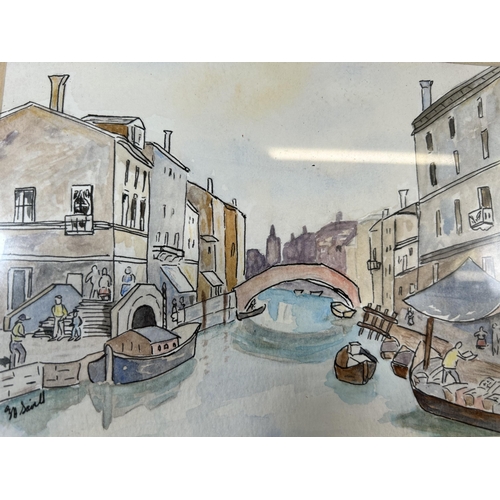 178 - A late 20th century framed watercolour of a continental canal scene, signed lower left - approx. 25.... 